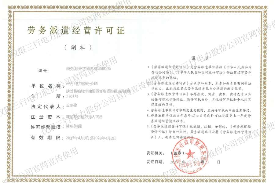 三行电力股份公司劳务派遣经营许可证